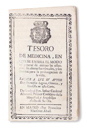 MEDICINE  LEGROS, FRANCISCO. Tesoro de Medicina.  1718